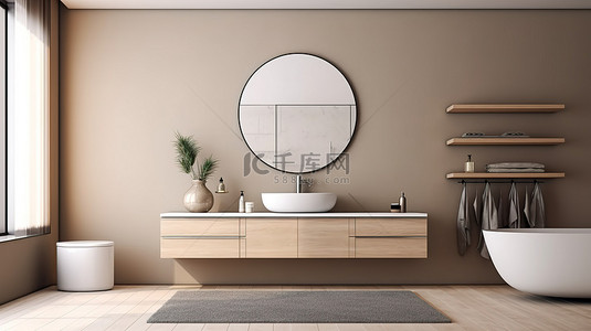 带洗脸盆的卧室设计中吊柜和镜子的 3D 插图