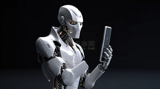 手机显示在 3d 渲染的机器人或人工智能技术机器人上