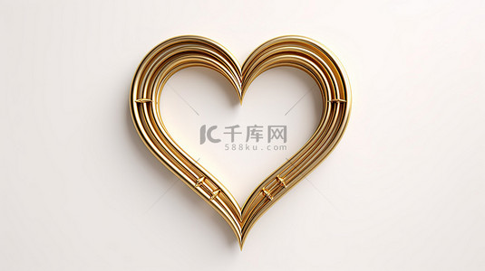 金色浪漫背景图片_白色背景的 3D 插图，带有金色心形框架