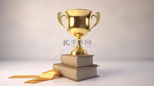 商业教育背景图片_白色背景上毕业帽和金色奖杯的 3D 渲染，象征着教育概念