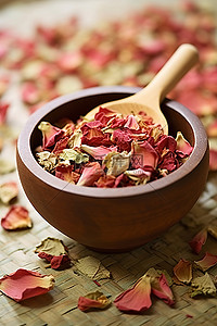 一碗干玫瑰花瓣和绿茶