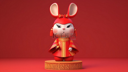 穿着中国服饰的可爱卡通兔子站在充满活力的红色平台上 3D 渲染图像