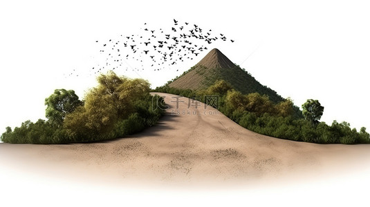 公路风景背景图片_创意设计隔离浮动土路与山树和鸟类在令人惊叹的 3D 插图