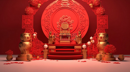 中式背景背景图片_中国新年产品展示舞台 3D 插图