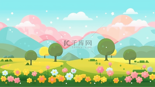 森林背景图片_草地森林花卉卡通春季广告背景