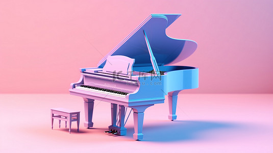 音乐元素背景图片_蓝色钢琴的 3D 渲染，采用双色调设计和粉红色背景，展示音乐概念