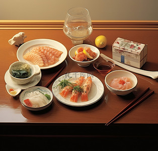一张桌子上有各种菜肴，包括生鱼片