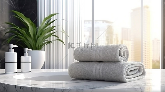 浴室背景图片_现代浴室 3D 渲染，配有大理石桌面毛巾和室内植物