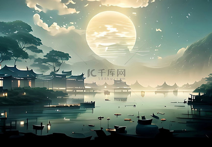 七夕节背景图片_月亮湖泊中国风船只插画