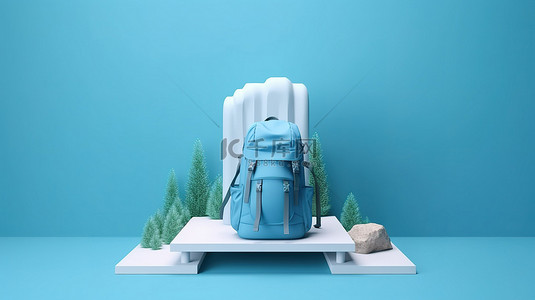 登山旅游背景图片_极简主义的假日概念蓝色背景，带有 3d 渲染的空产品讲台，上面装饰着旅游背包和睡垫