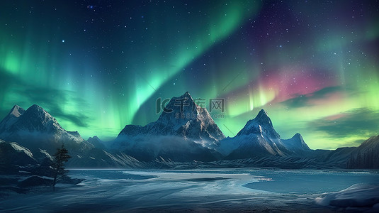 风景上背景图片_冰冻威严的 3D 北极光艺术作品在白雪皑皑的北极山脉上翩翩起舞