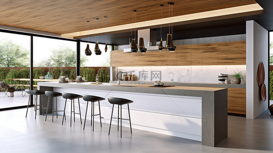 房顶部背景图片_现代厨房配有内置电器，混合白色和硬木饰面以及光滑的混凝土酒吧顶部 3D 渲染