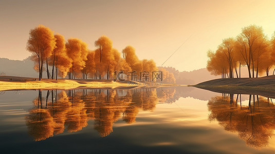 令人惊叹的 3D 渲染湖，反射着日出的金色色调，周围环绕着黄色的树木和草丛