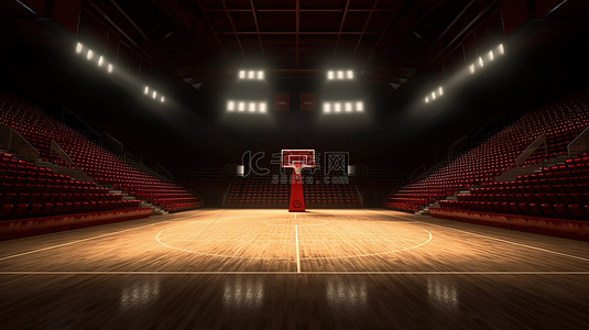 篮球赛背景图片_一个明亮的篮球场，没有球员 3D 渲染背景