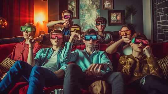 一群青少年在家享受 3D 电影马拉松