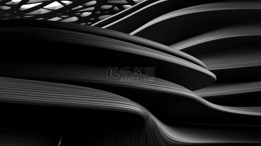 黑色建筑背景背景图片_未来派建筑 3D 渲染的复杂性扭曲形状和黑色空间抽象