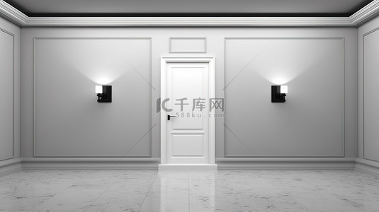 发光的白色门口，配有黑色石材地板和 3D 墙渲染