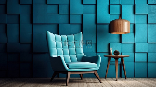 布艺装饰背景图片_布置时尚的客厅配有现代 3D 渲染和木墙装饰，配有蓝色布艺椅子