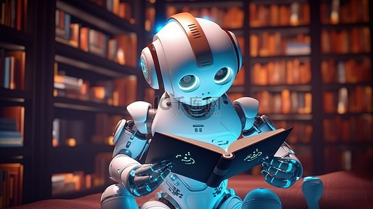 看电子书背景图片_通过读书进行机器学习的机器人的 3D 渲染