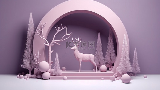 几何冬季仙境 3d 紫色讲台，有迷人的鹿和拱门，用于圣诞节和新年庆祝活动
