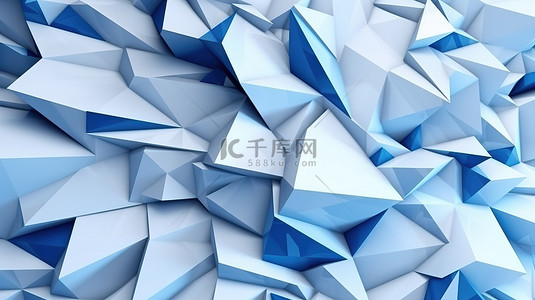商业几何背景背景图片_具有三角形蓝色和白色抽象设计的 3D 渲染垃圾表面