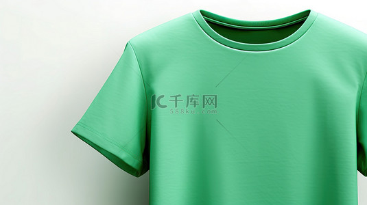 绿色 T 恤的白色背景 3D 渲染，为您的设计提供充足的空间
