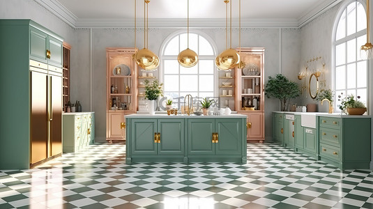 精致的绿色和褪色珊瑚经典厨房设计，配有白色地砖和金色装饰 3D 渲染