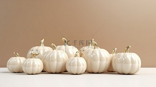 简约米色和白色悬浮南瓜创意 3D 渲染秋季和万圣节装饰
