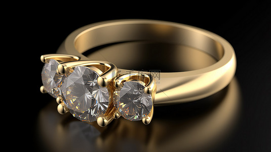 黄金 3D 渲染订婚戒指，三颗宝石处于站立位置