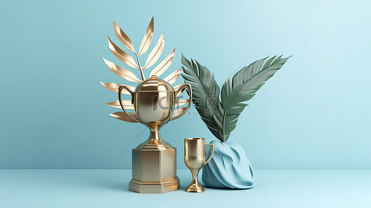 快乐父亲节背景图片_浅蓝色背景下 3D 渲染的父亲节奖杯和棕榈叶装饰