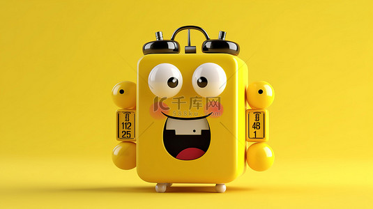 3D 渲染的闹钟吉祥物，带有充满活力的黄色背景上的可充电电池