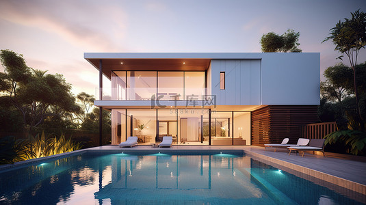 令人惊叹的现代别墅，配有游泳池，日落时迷人的 3D 渲染