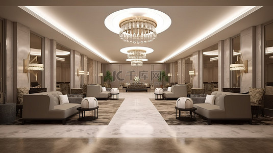 中家具背景图片_3d 渲染中豪华酒店大堂令人惊叹的高角度视图