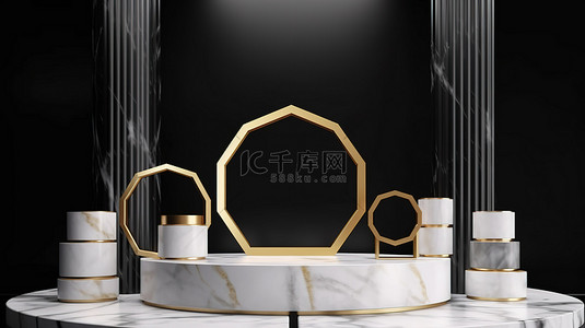 黑色背景与白色大理石金圆柱舞台讲台和金色六边形环装饰 3d 渲染演示