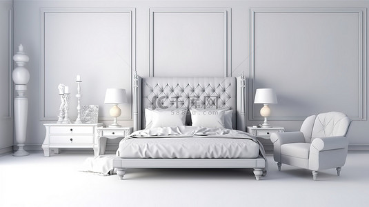 金色的床背景图片_3D 渲染的白色背景下优雅的卧室家具