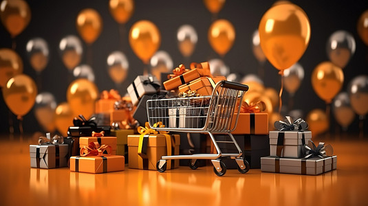 节日促销大量购物车和礼品盒，用于黑色星期五超级销售以及圣诞节和新年庆祝活动 3D 渲染