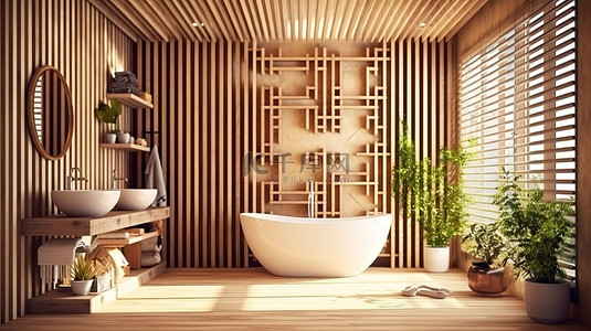 阳光明媚的现代浴室，配有 3D 渲染的木格子墙
