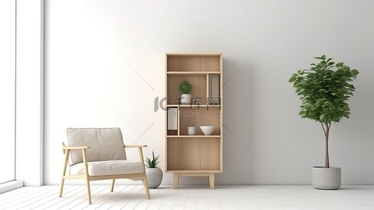 室内背景图片_简约的扶手椅和木柜增强了日式 3D 渲染的现代白色房间装饰