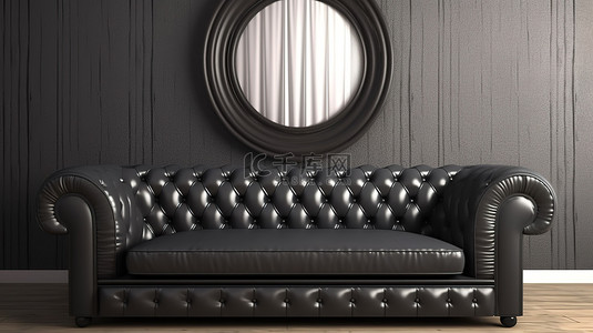 皮革沙发背景图片_客厅图像黑色皮革沙发和墙镜 3D 渲染插图