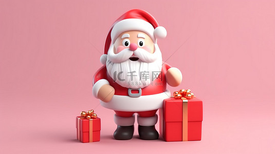 欢快的圣诞老人拿着礼品盒，非常适合圣诞贺卡横幅和标签 3D 卡通风格插图