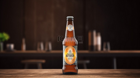 带有样机海报标签和木质背景的啤酒瓶的 3D 渲染