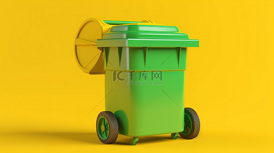 垃圾桶背景图片_黄色周围 3d 渲染中绿色垃圾桶的各种视角