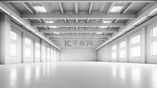 空白开放空间背景图片_现代白色仓库内部的时尚 3D 渲染，具有简约的钢框架和开放空间