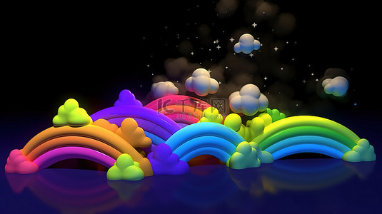 卡通彩虹云和星星 3d 渲染夜空