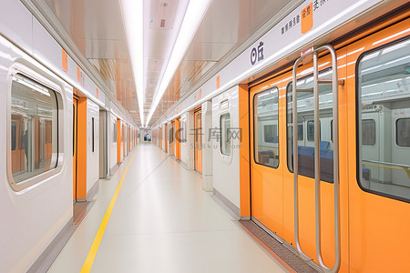 有橙色和白色内部和两扇门的地铁列车