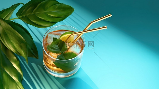 清爽的热带鸡尾酒装在玻璃杯中，蓝色背景 3D 渲染上有冰吸管和热带叶影