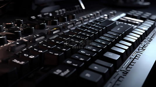 黑色背景上时尚黑色键盘的 3D 渲染，用于流媒体和游戏工作区概念