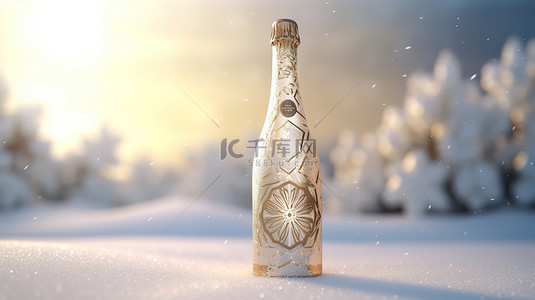 冬天水彩背景图片_3D 渲染雪花装饰香槟瓶的插图，祝圣诞快乐和新年快乐