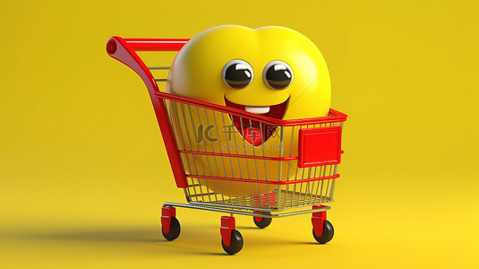 消费者人物背景图片_卡通吉祥物红心人物在充满活力的黄色背景下推购物车的 3D 渲染