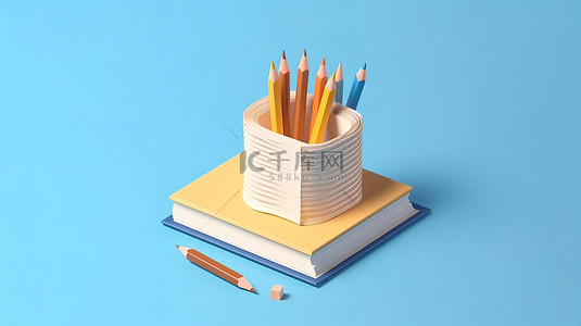 蓝色表面书籍和铅笔的现代教育理念等距设计